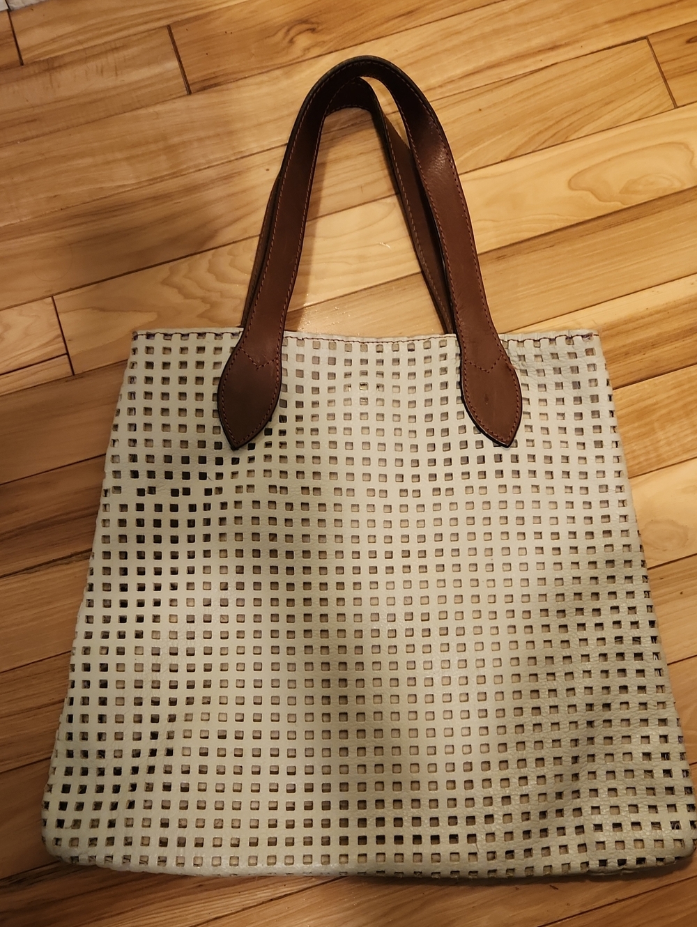 Perforated Cream Tote with Brown Leather Handles